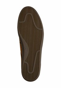 Suola di una scarpa realizzata in materiale gommoso marrone, con una texture a onde, bordi curvi e un'area del tallone rinforzata per una maggiore durabilità.