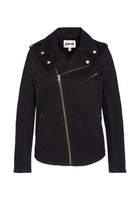 Chaqueta de motociclista negra hecha de tela con acabado mate. Presenta un cierre asimétrico, solapas de presión y bolsillos con cremallera. Detalles en hardware plateado.