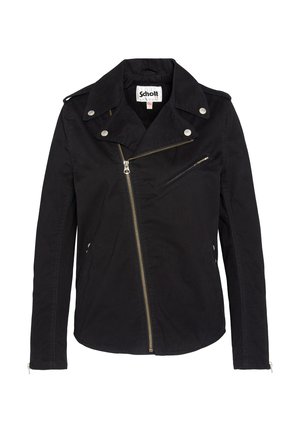 Chaqueta de motociclista negra hecha de tela con acabado mate. Presenta un cierre asimétrico, solapas de presión y bolsillos con cremallera. Detalles en hardware plateado.