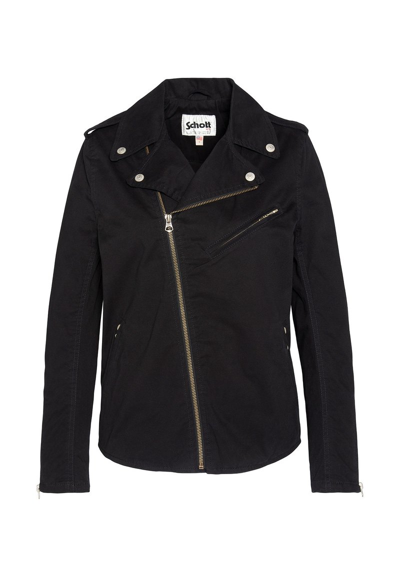 Chaqueta de motociclista negra hecha de tela con acabado mate. Presenta un cierre asimétrico, solapas de presión y bolsillos con cremallera. Detalles en hardware plateado.