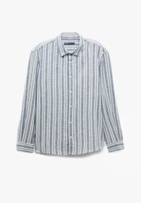 Sinine ja valge triibuline pikkade varrukatega särk, mis on valmistatud kerge kangaga, esitades standardkrae, nööbiga eesosa ja triibuliste detailidega mansetid.