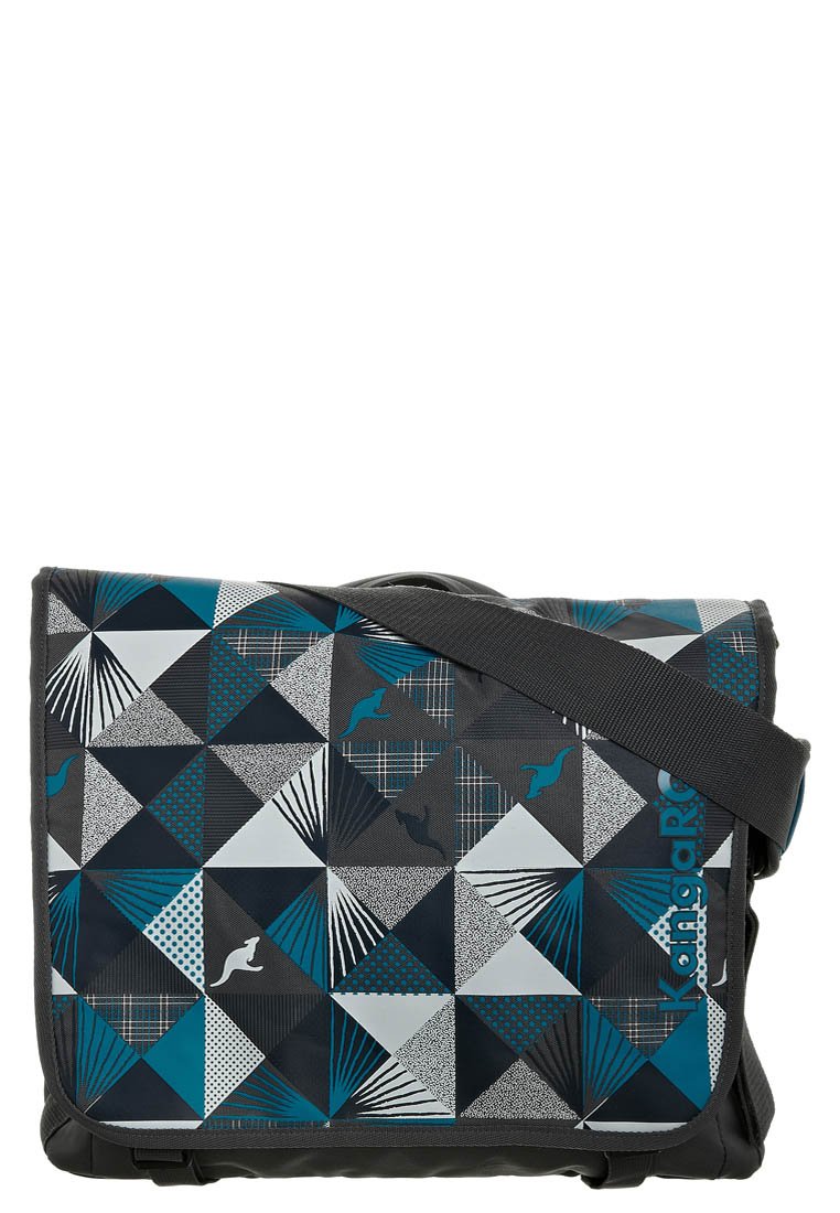 Borsa a tracolla nera con un motivo geometrico in turchese, bianco e grigio. Presenta una patta frontale, una tracolla regolabile e materiale impermeabile.