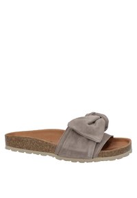Suede slide sandal in gray with a knotted bow detail on the strap, cork midsole, and rubber outsole for traction.