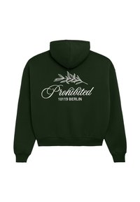 Felpa verde scuro con una grafica di una foglia bianca e il testo "Proibito 10119 Berlino" stampato sulla schiena.