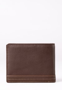 Brown leather wallet featuring a textured surface, smooth edges, contrasting stitching, and a simple, compact design.