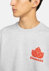 Felpa grigia con grafiche di una foglia rossa e il testo "Element" sul davanti. Tessuto morbido con design a girocollo, che mostra dettagli di cucitura.