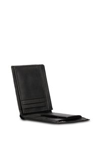 Zwart leren portemonnee met een gladde textuur, voorzien van meerdere kaarthouders en een bifold ontwerp. Opengeklapt zichtbaar een binnenvak.