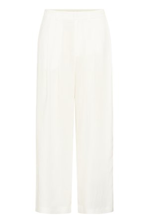 Weiße, hoch taillierte, weit geschnittene Hose mit vorderen Falten und verdecktem Reißverschluss.