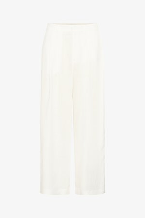 Pantalon blanc taille haute à jambes larges avec plis devant et fermeture éclair dissimulée.