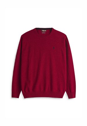 Maglione rosso lavorato a maglia con collo tondo, polsini e orlo a coste, caratterizzato da un piccolo logo blu navy sul petto sinistro. Realizzato in morbida lana.