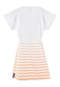 Robe t-shirt blanche à manches courtes, taille cintrée, et rayures horizontales orange sur la jupe. Étiquette sur l'ourlet avec le nom de la marque.