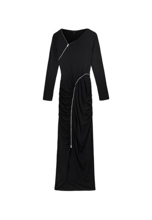 Černé šaty s dlouhým rukávem a výstřihem do V, s bočními nařasenými detaily a šikmým zipem na přední straně. Hladká textilie.