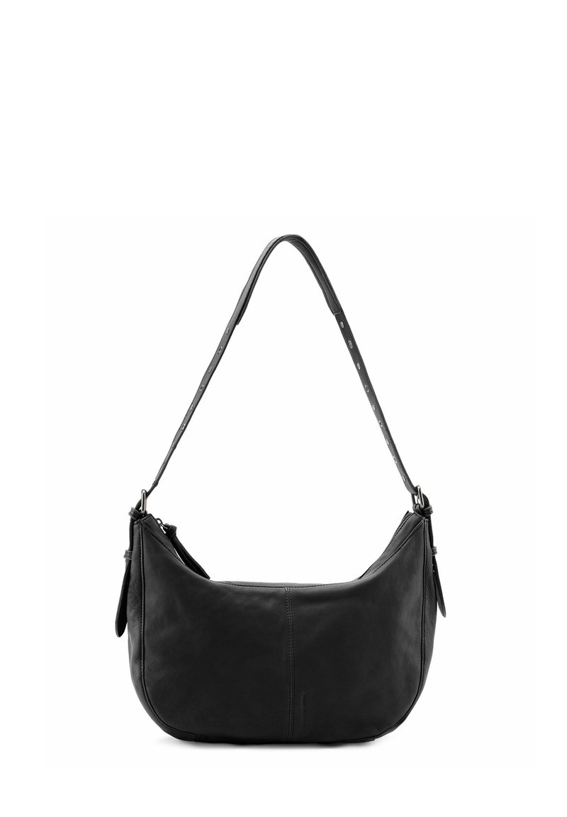 Borsa a spalla in pelle nera con forma curva, tracolla regolabile e chiusura con zip. Presenta cuciture sottili e una superficie liscia.