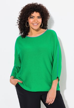 Pull vert surdimensionné avec des manches 3/4, un col rond et des accents bleus le long du col et des coutures latérales. Texture en tricot douce.