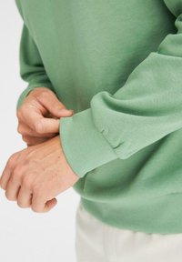 Felpa verde chiaro con una texture liscia. Presenta polsini a coste e una vestibilità rilassata, con dettagli di cucitura agli estremi delle maniche.