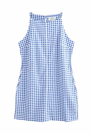 Kék és fehér kockás, ujjatlan ruha, magas nyakkivágással, oldalsó zsebekkel és egyenes szabással, könnyű anyagból készült.