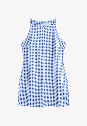 Mėlynas ir baltas languotas be rankovių suknelė, turinti aukštą apykaklę, šonines kišenes ir tiesų siluetą, pagaminta iš lengvos medžiagos.