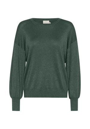 Pull en maille pailleté vert avec un col rond, des manches ballons longues et des poignets côtelés. Fait dans un matériau doux et légèrement texturé.