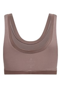 Brun sømløs sports-bh med bred rund halsudskæring og tykke stropper. Lavet af et glat, strækbart stof med minimal detaljering.