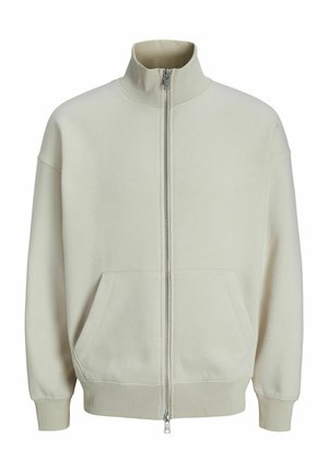 Svetlo siva zip-up dukserica, visok ovratnik, rebrasti manžeti, dve prednje džepove, mekana tkanina, minimalistički dizajn bez uzoraka i logotipa.