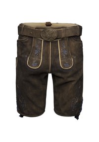 Shorts en cuir marron ornés d'une broderie bleue d�étaillée, d'une boucle de ceinture décorative, de poches latérales et d'une finition texturée avec des coutures contrastées.