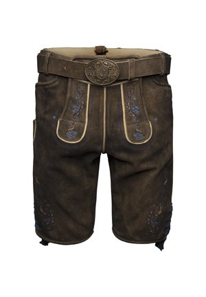 Shorts en cuir marron ornés d'une broderie bleue détaillée, d'une boucle de ceinture décorative, de poches latérales et d'une finition texturée avec des coutures contrastées.