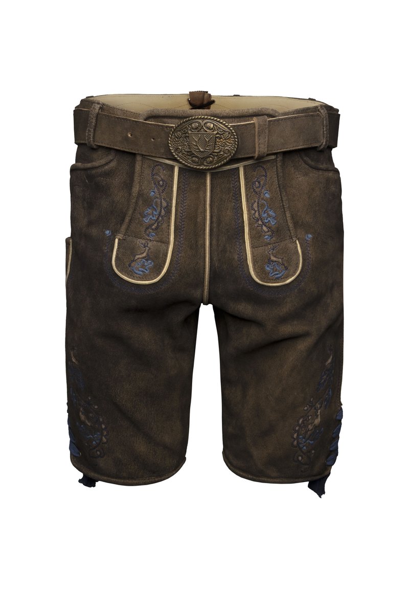 Shorts en cuir marron ornés d'une broderie bleue détaillée, d'une boucle de ceinture décorative, de poches latérales et d'une finition texturée avec des coutures contrastées.