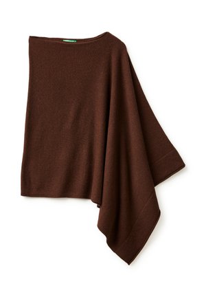 Poncho de lana marrón con un ajuste relajado, mangas anchas y una superficie texturizada. Cuello redondeado y acentos de canalé en los bordes.