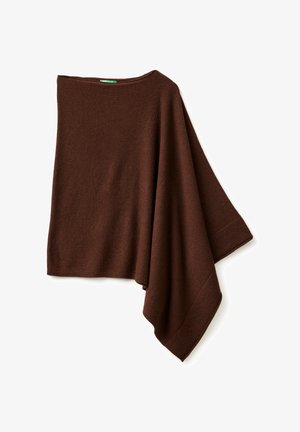 Brązowy wełniany ponczo o luźnym kroju, szerokich rękawach i teksturowanej powierzchni. Okrągły dekolt i ściągacze na krawędziach.
