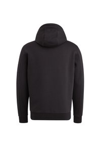 Black hoodie with a soft texture, featuring a drawstring hood, ribbed cuffs, and hem, designed for a relaxed fit.