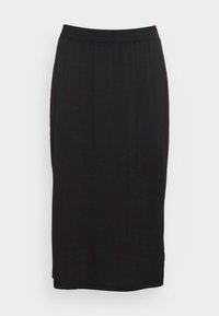 Jupe noire mi-longue avec une ceinture élastique, fabriquée en tissu lisse ; présente un design simple et droit sans motifs ni accents.