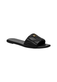 Black flat slide sandal with quilted upper strap and small gold buckle detail on top, open toe and thin sole.