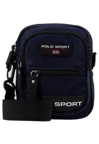 Borsa a tracolla in nylon blu scuro con tasca frontale con zip, tracolla testurizzata e logo "POLO SPORT" sul davanti e sul fondo.