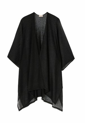 Cardigan stile kimono nero realizzato in tessuto leggero e semitrasparente. Presenta maniche ampie, una scollatura aperta e una forma fluida e a strati.