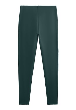 Colanți verde închis din material elastic, cu o textură netedă și o croială ajustată, având un design simplu, curat și fără embellishments.