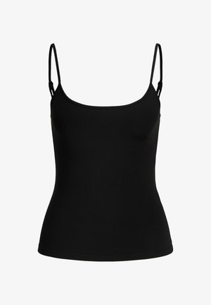 Schwarzes Spaghetti-Top aus glattem Stoff, mit verstellbaren trägerlosen Trägern, einem runden Ausschnitt und einer körpernahen Silhouette.