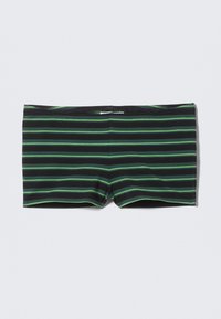 Svart badshorts med horisontella gröna ränder. Har en figurnära design och elastisk midja. Tillverkad av ett elastiskt, mjukt material.
