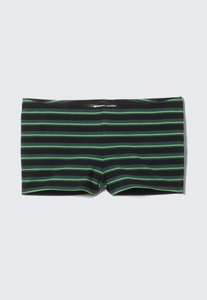 Black swim shorts with horizontal green stripes. Features a fitted design and elastic waistband. Made from a stretchy, smooth material.