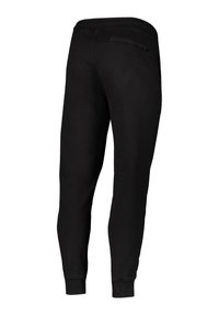 Schwarze Jogginghosen aus glattem Stoff, mit elastischem Bund, eng anliegenden Bündchen und einer mit Reißverschluss versehenen Gesäßtasche.