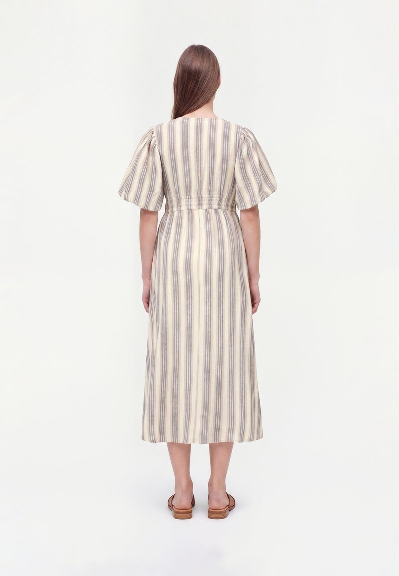 new look striped midi dress Black Striped Drop Waist Puff Sleeve Midi Dress