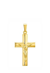 Goldene Kreuzanhänger mit einer detailreichen Figur von Christus, mit polierter Oberfläche und glatten, rechteckigen Armen. Schlaufe zum Aufhängen oben.