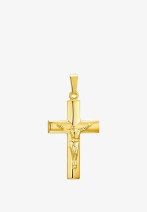 Collar de cruz de oro con una figura detallada de Cristo, con un acabado pulido y brazos rectangulares lisos. Asa para colgar en la parte superior.