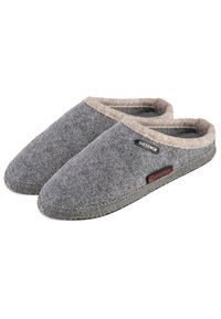 Grijze vilten slippers met een zachte beige voering, een ronde teen en GIESWEIN-branding aan de zijkant. Antislip grijze zool voor stabiliteit.