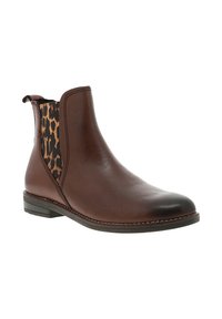 Bottine en cuir marron avec des panneaux latéraux élastiques à imprimé léopard, bout rond et petit talon empilé. Détails de couture le long de la semelle.