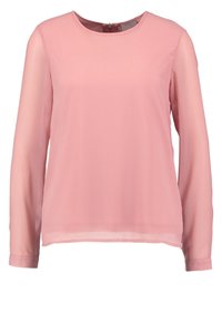 Ljusrosa långärmad blus, genomskinligt tyg, rund halsringning, dragkedja bak, slät textur och något löst passform.