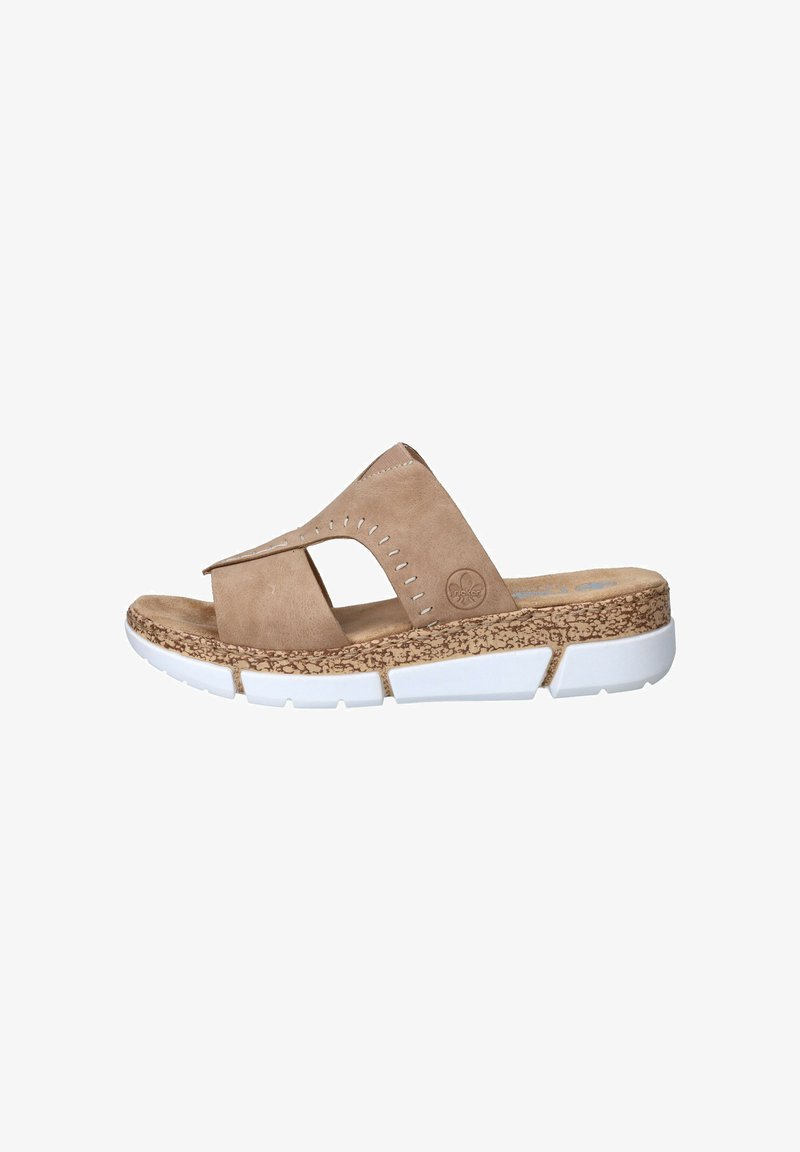 Sandale slide en daim beige avec larges brides croisées, semelle intermédiaire effet liège texturé, et épaisse semelle extérieure en caoutchouc blanche segmentée.