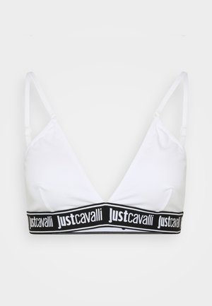 Biely bralet s hlbokým výstrihom do V, nastaviteľnými ramienkami a čiernym elastickým pásom s logom "Just Cavalli" v bielom texte.