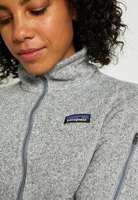 Graue Fleecejacke mit hohem Kragen, Frontreißverschluss und Reißverschlussseitentasche. Sie verfügt über ein Patagonia-Logo-Patch mit mehrfarbigem Bergdesign.