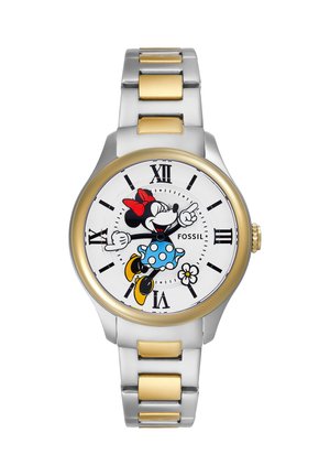 Zweifarbige silberne und goldene Armbanduhr mit weißem Zifferblatt, auf dem Minnie Mouse in blauem gepunktetem Kleid mit roter Schleife, römischen Ziffern und Fossil-Logo abgebildet ist.