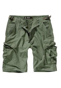 Shorts cargo vert olive en tissu léger, dotés de plusieurs poches, d'une coupe décontractée et d'une surface texturée.